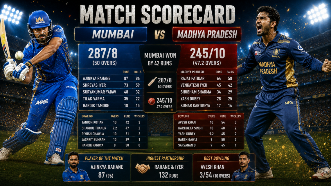 Mumbai Cricket Team vs Madhya Pradesh Cricket Team Match Scorecard